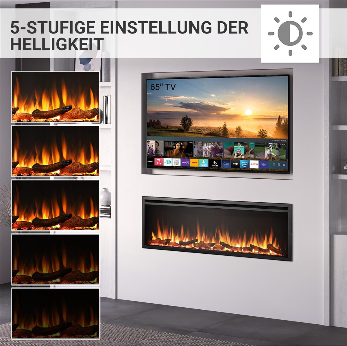 Das Bild zeigt einen 65-Zoll-Fernseher über einem Kamin. Der Fernseher zeigt eine Landschaft und Apps. Kaminflammen variieren in der Helligkeit.