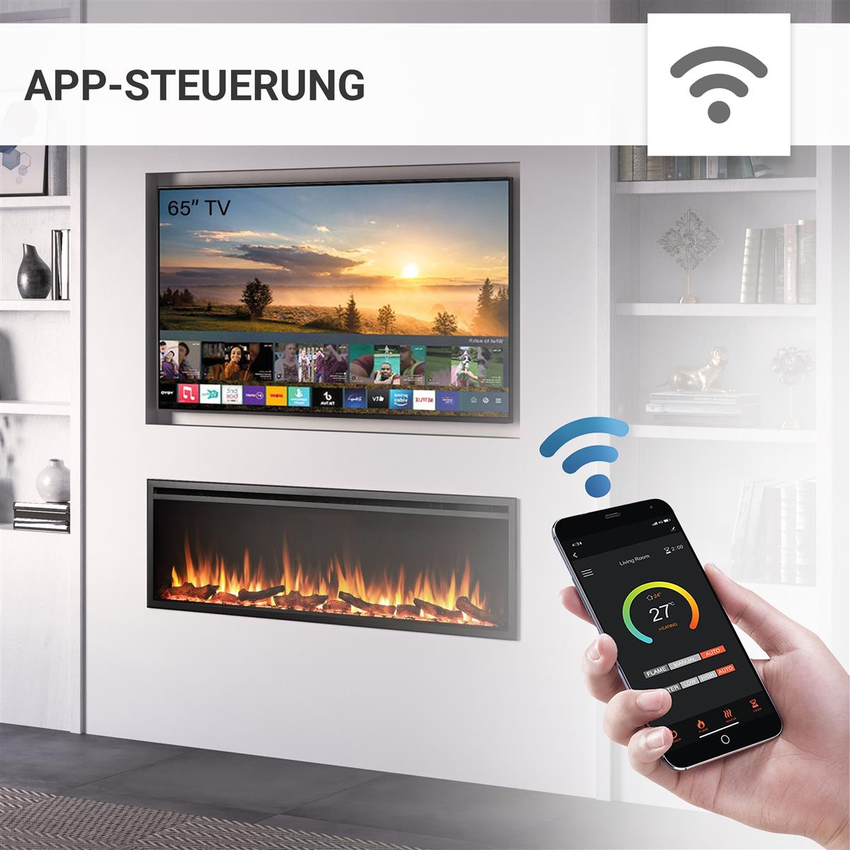 Wohnzimmer mit Fernseher, elektrischem Kamin und einer Person, die die Geräte mit einem Smartphone steuert.
