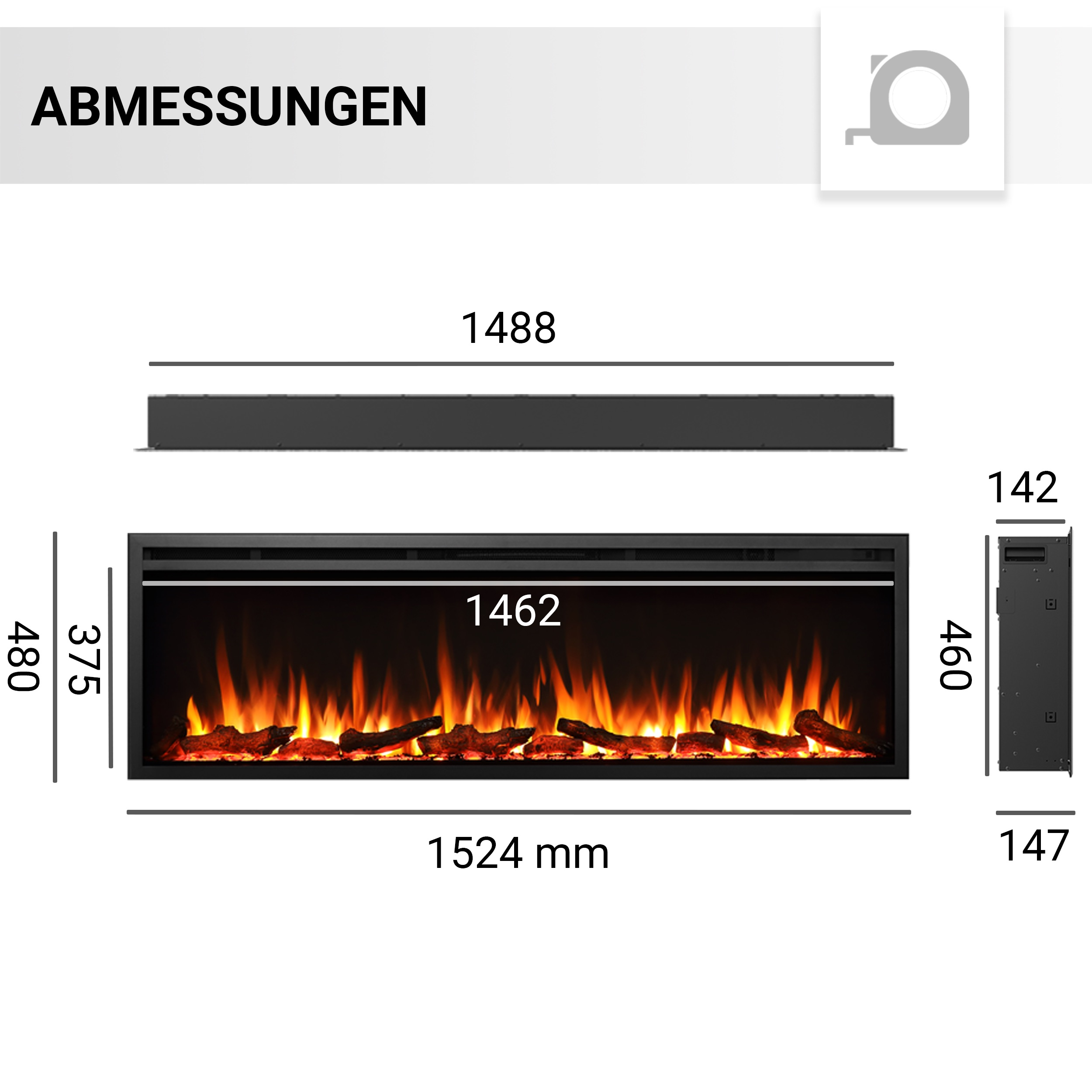 Ein schwarzer Elektrokamin mit Abmessungen in mm. Flammen und Holzscheite werden dargestellt. Maße: 1524x480x147 mm.