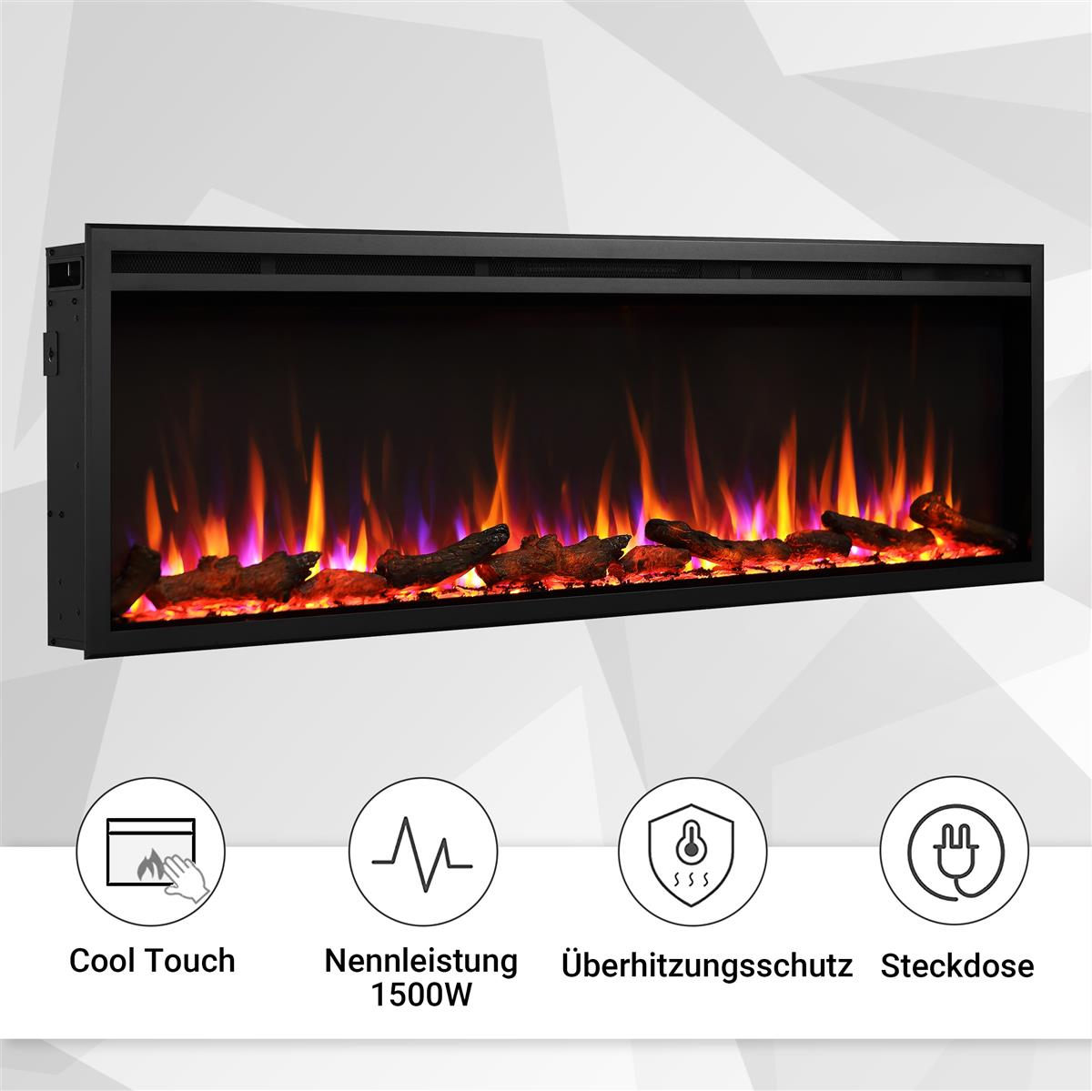 Schwarzer Elektrokamin mit bunten Flammen und Holzscheiten. Symbole zeigen Funktionen wie Cool Touch und Überhitzungsschutz.