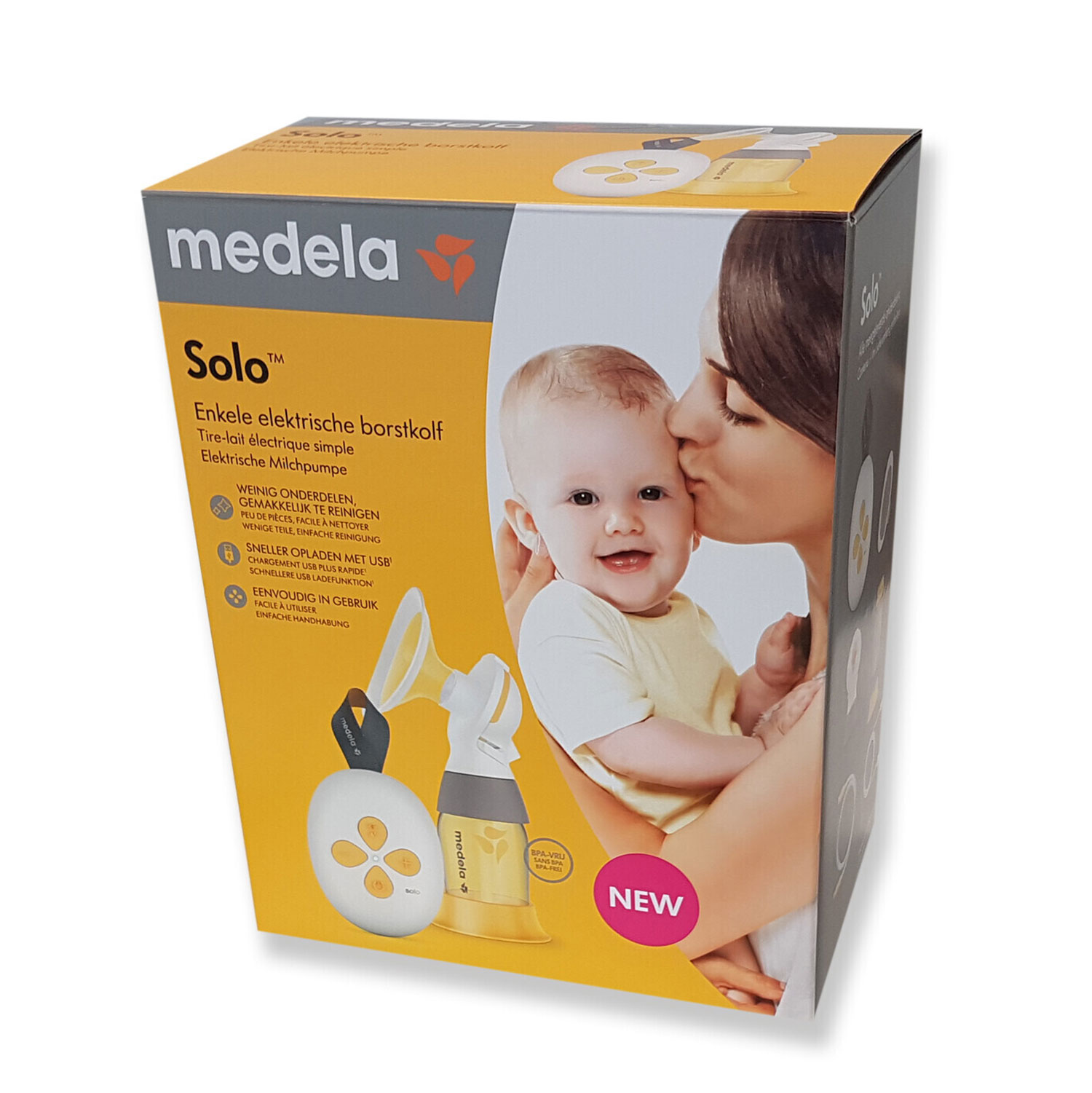 Medela Solo Milchpumpen-Karton mit einer Frau, die ein Baby küsst, und Pumpenkomponenten.