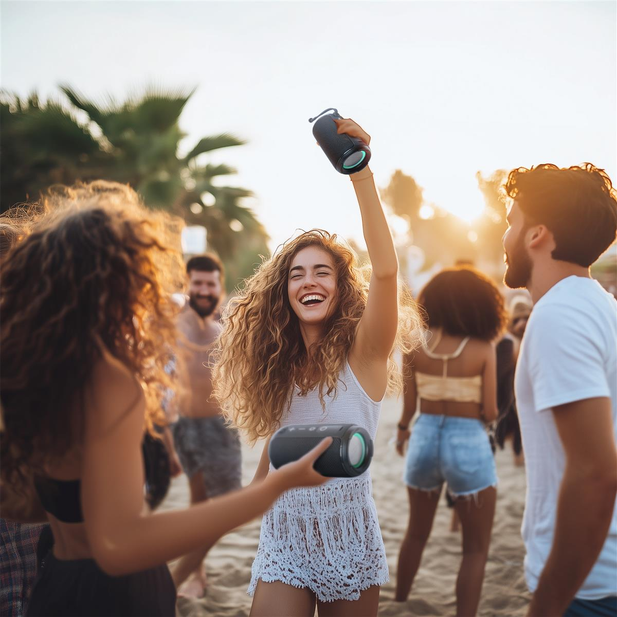 Leute auf einer Strandparty. Eine Frau hält einen Lautsprecher hoch und lächelt. Andere halten Lautsprecher. Palmen und die Sonne sind im Hintergrund.