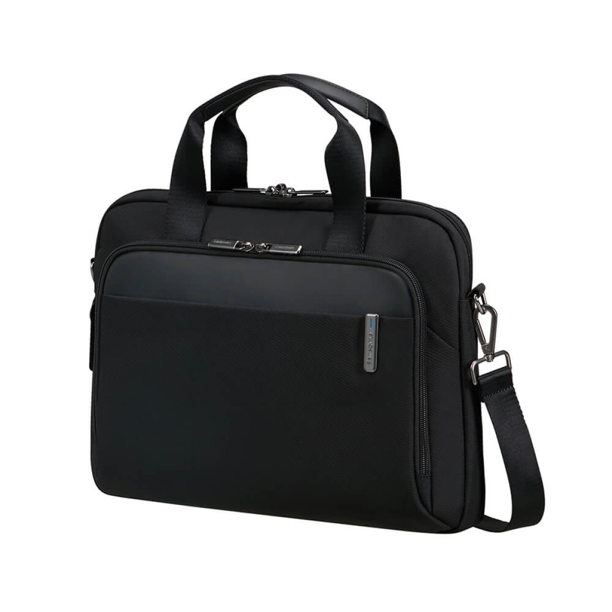 Schwarze Samsonite-Aktentasche mit Griffen, Schultergurt und Reißverschlüssen. Die Tasche hat eine Vordertasche und ein kleines Logo.