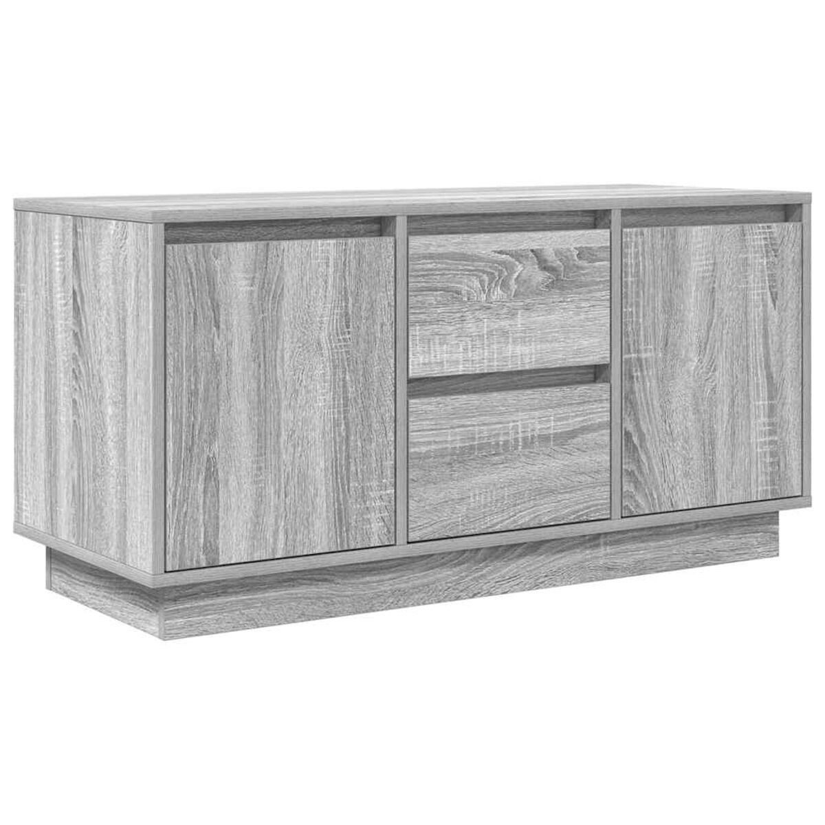Ein grauer Holzschrank mit zwei Türen und zwei Schubladen. Der Schrank hat eine rechteckige Form und eine helle Holzmaserung.