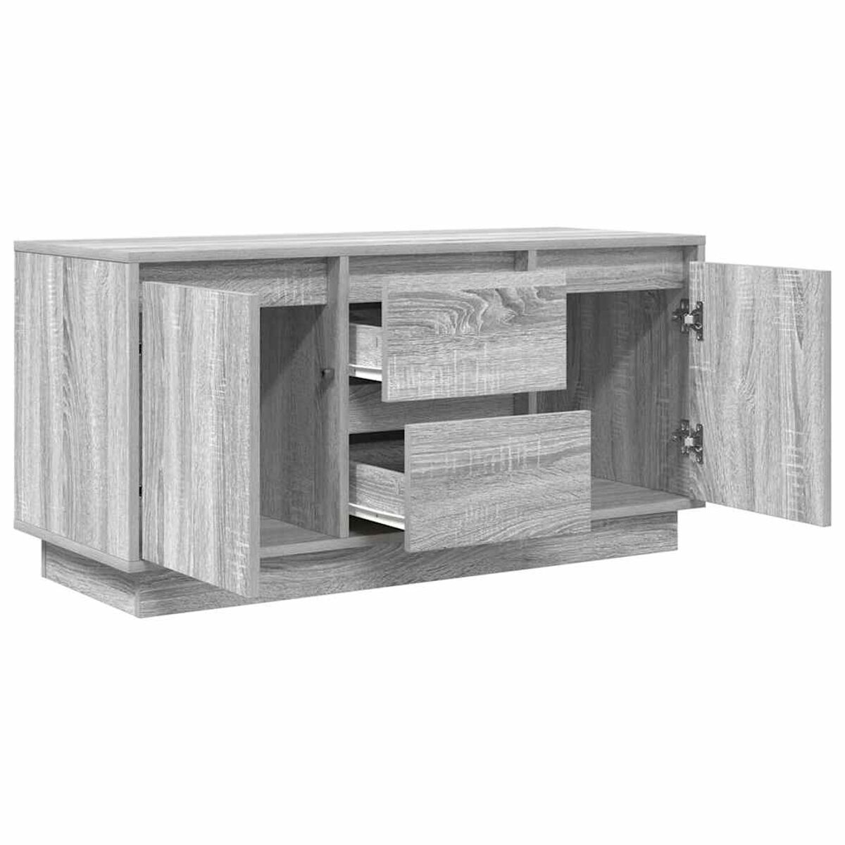 Ein grauer Holzschrank mit Schubladen und offenen Türen. Zwei Schubladen sind sichtbar. Die Türen auf beiden Seiten sind offen.