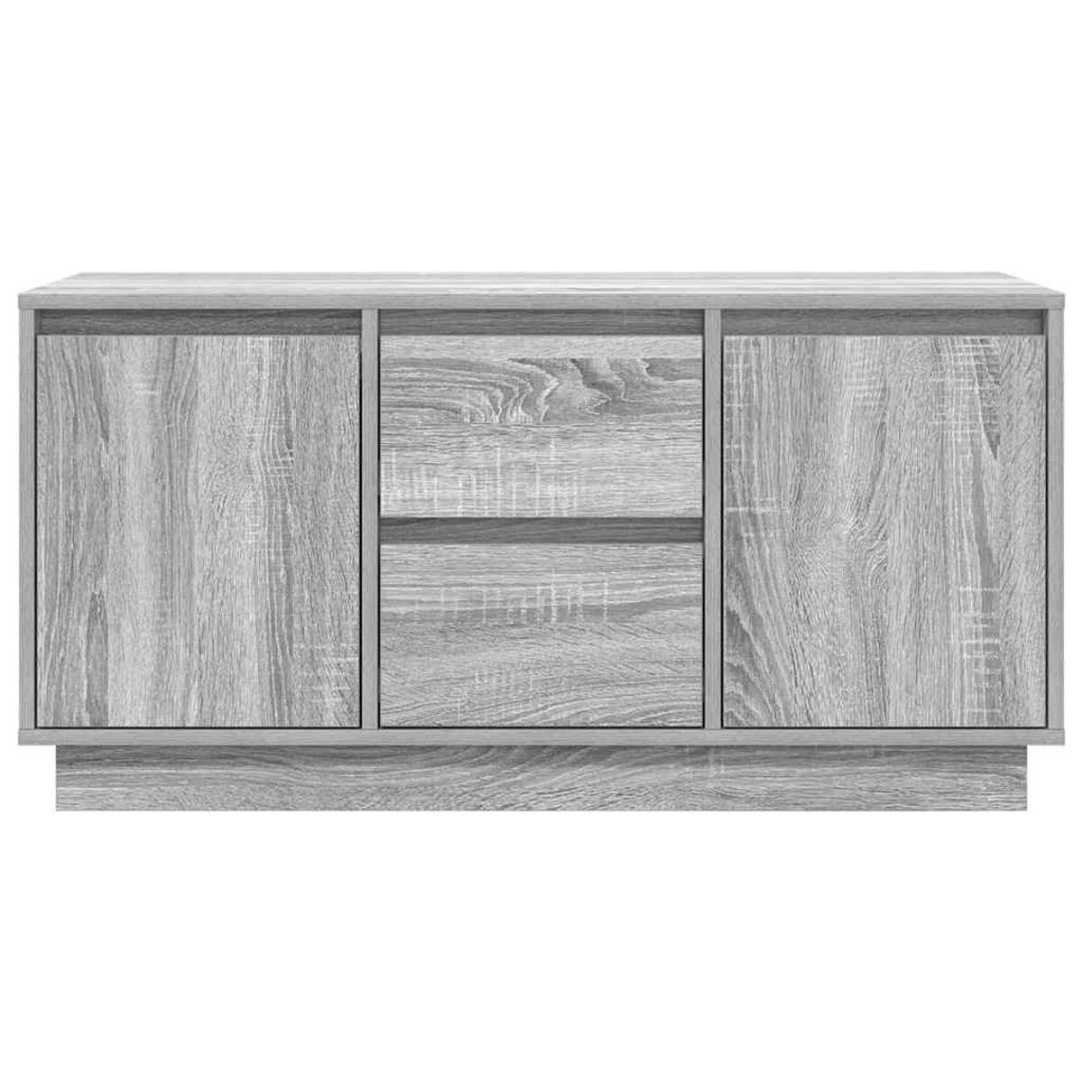 Ein grauer Holzschrank mit zwei Türen und zwei Schubladen. Die Holzmaserung ist sichtbar. Der Schrank ist rechteckig und steht auf einem Sockel.