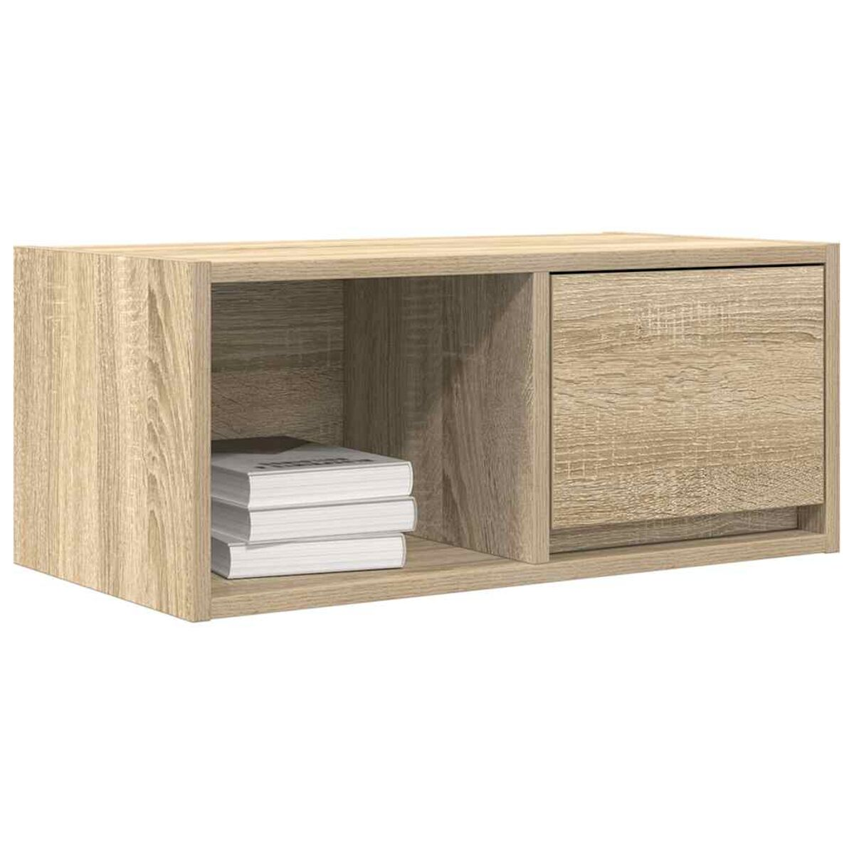 Ein hellbrauner Holzschrank mit einem offenen Regal, das Bücher enthält, und einer geschlossenen Tür auf der rechten Seite.