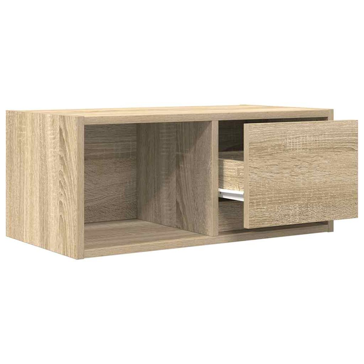 Ein hellbrauner Holzschrank mit offenen Fächern und einer Schublade. Eine Tür steht offen.