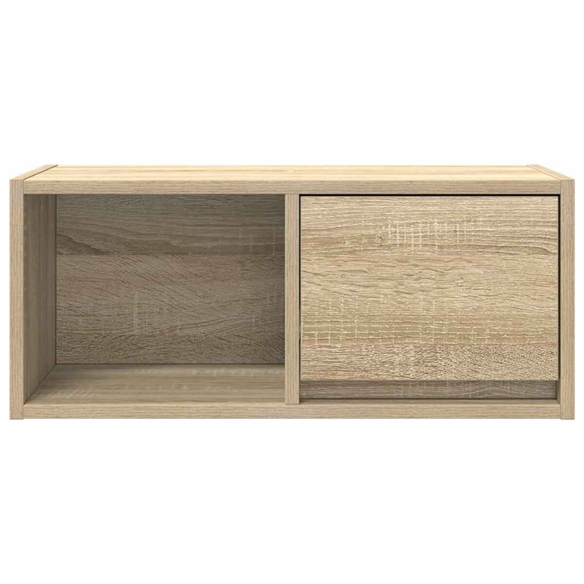 Ein hellbraunes Holzregal. Es hat ein offenes Fach links und eine geschlossene Tür rechts.