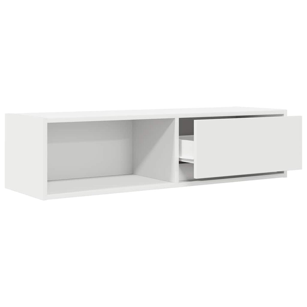 Ein weißer, rechteckiger, wandmontierter Schrank mit offenem Fach und offener Schublade rechts.