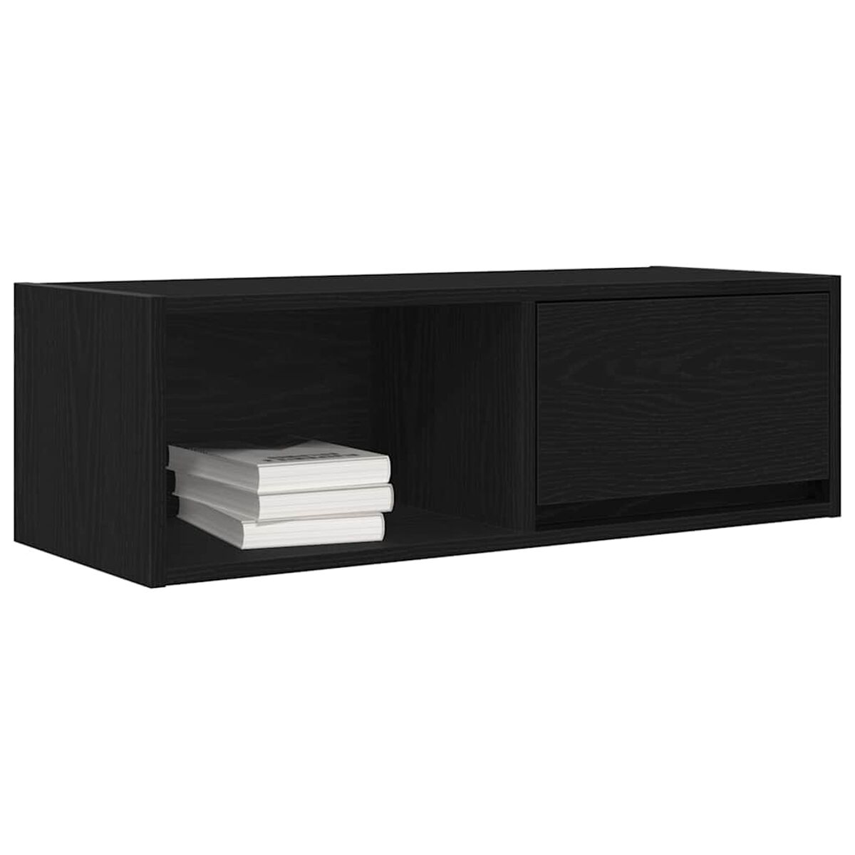 Ein schwarzer, an der Wand befestigter Schrank mit zwei Bereichen. Einer enthält Bücher, der andere hat eine geschlossene Tür. Der Schrank steht vor weißem Hintergrund.