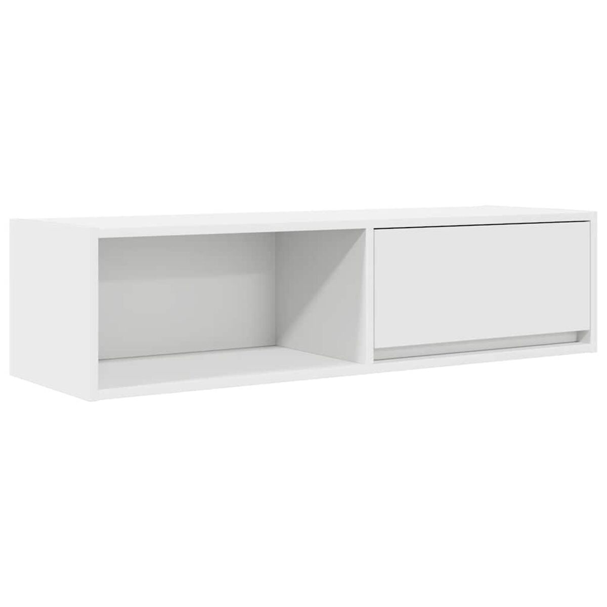 Ein weißer, an der Wand befestigter Schrank mit einem offenen Regal links und einer geschlossenen Schublade rechts. Der Hintergrund ist weiß.