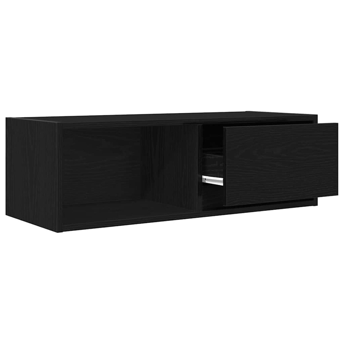 Ein schwarzer, an der Wand befestigter Schrank mit einer offenen Schublade. Der Schrank ist rechteckig, mit sichtbarer Holzmaserung. Die Schublade hat eine silberne Schiene.