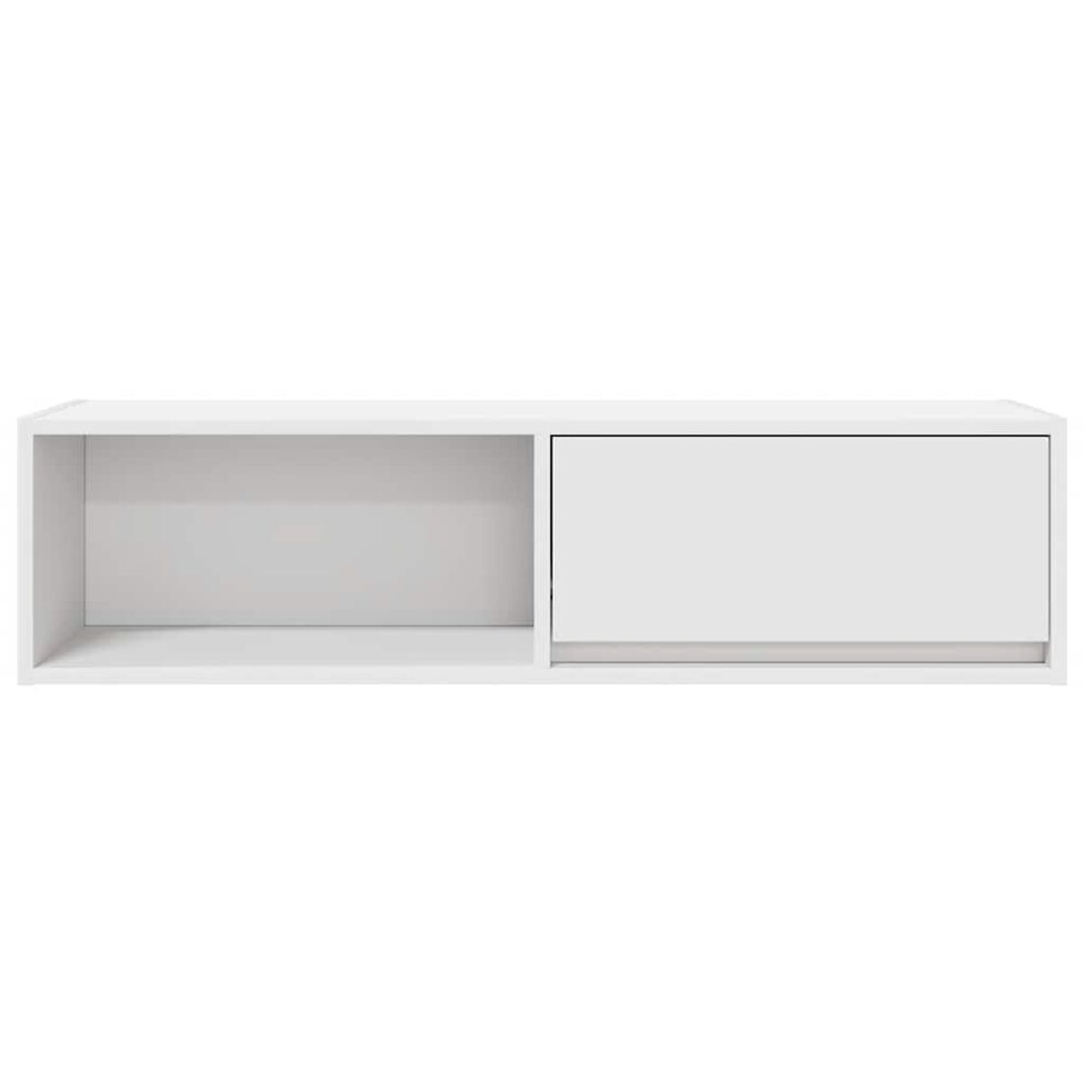 Ein weißer, an der Wand befestigter Schrank. Er hat ein offenes Fach links und eine geschlossene Schublade rechts. Der Hintergrund ist weiß.