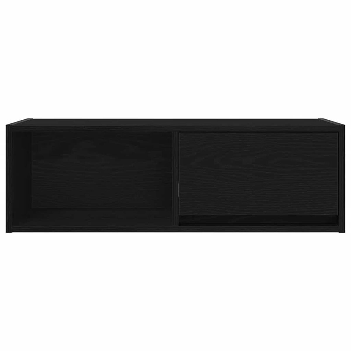 Ein schwarzer Holzschrank mit zwei Fächern. Eines offen, das andere mit einer geschlossenen Tür.
