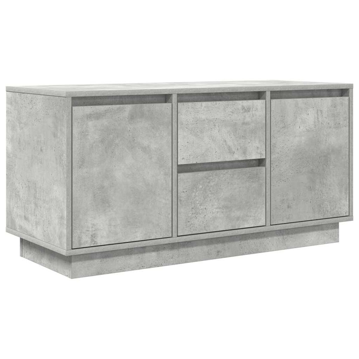 Eine graue Sideboard mit Betonstruktur. Es hat zwei Türen und zwei Schubladen. Der Sockel ist leicht zurückversetzt. Das Design ist modern.
