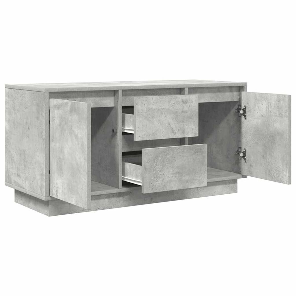 Ein grauer Schrank im Betonstil mit offenen Türen und Schubladen. Der Schrank hat zwei Schubladen in der Mitte und Türen an den Seiten.