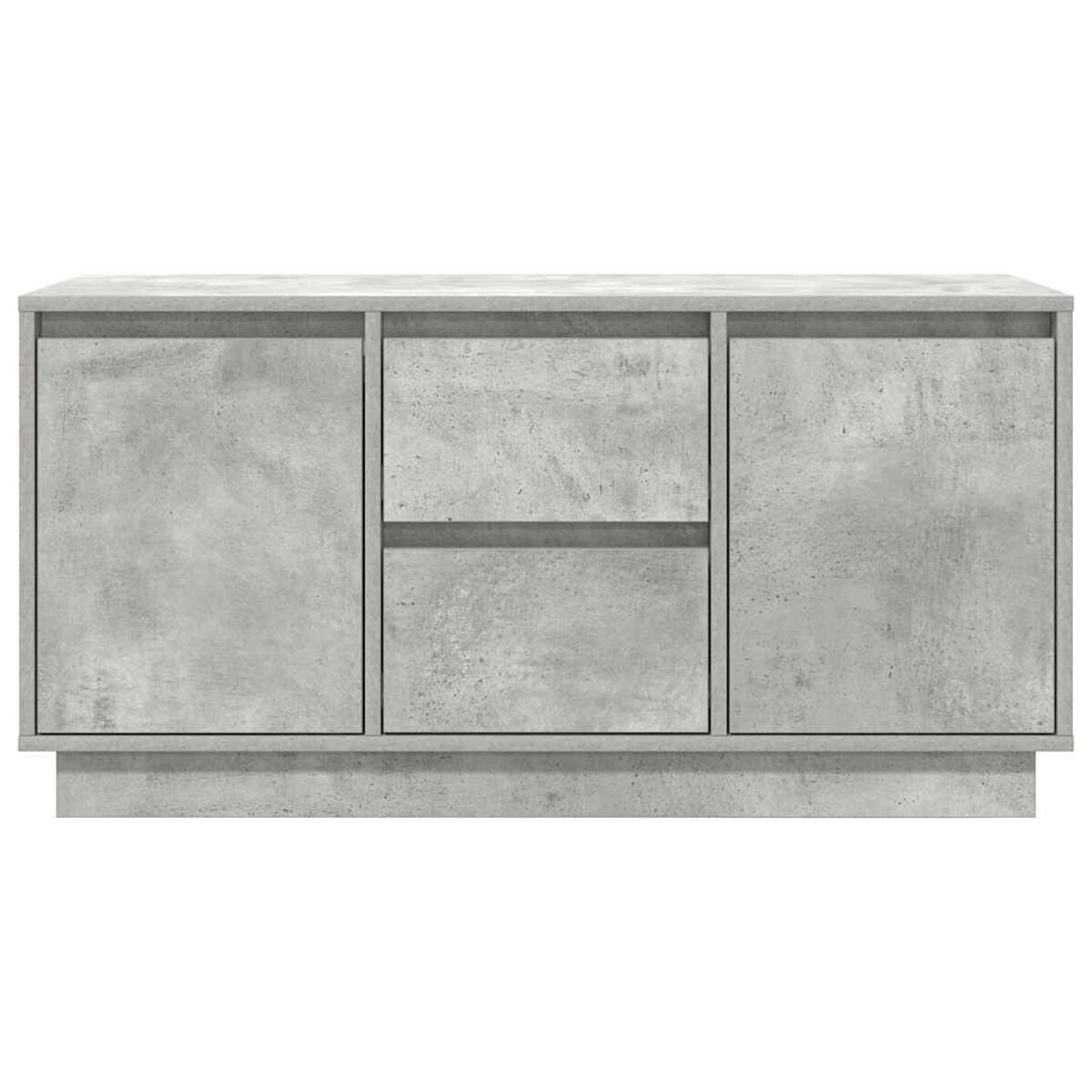 Ein graues Sideboard aus Beton mit zwei Türen und zwei Schubladen vor weißem Hintergrund.