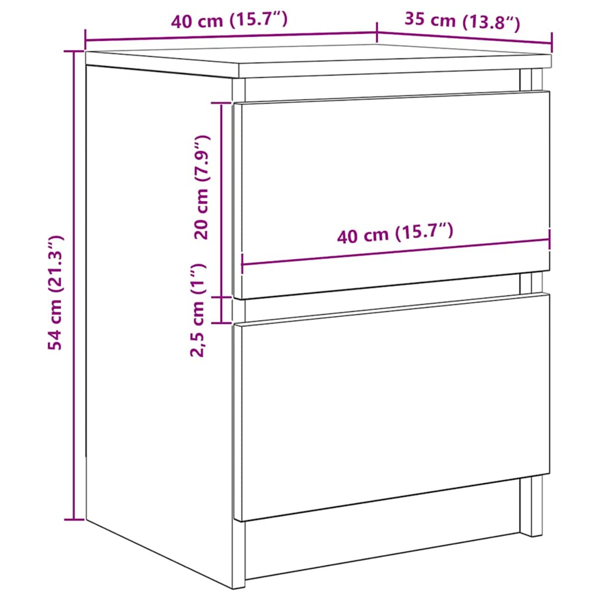 Ein weißer Nachttisch mit zwei Schubladen. Abmessungen: 40 cm breit, 35 cm tief und 54 cm hoch, mit einzelnen Schubladenhöhen.