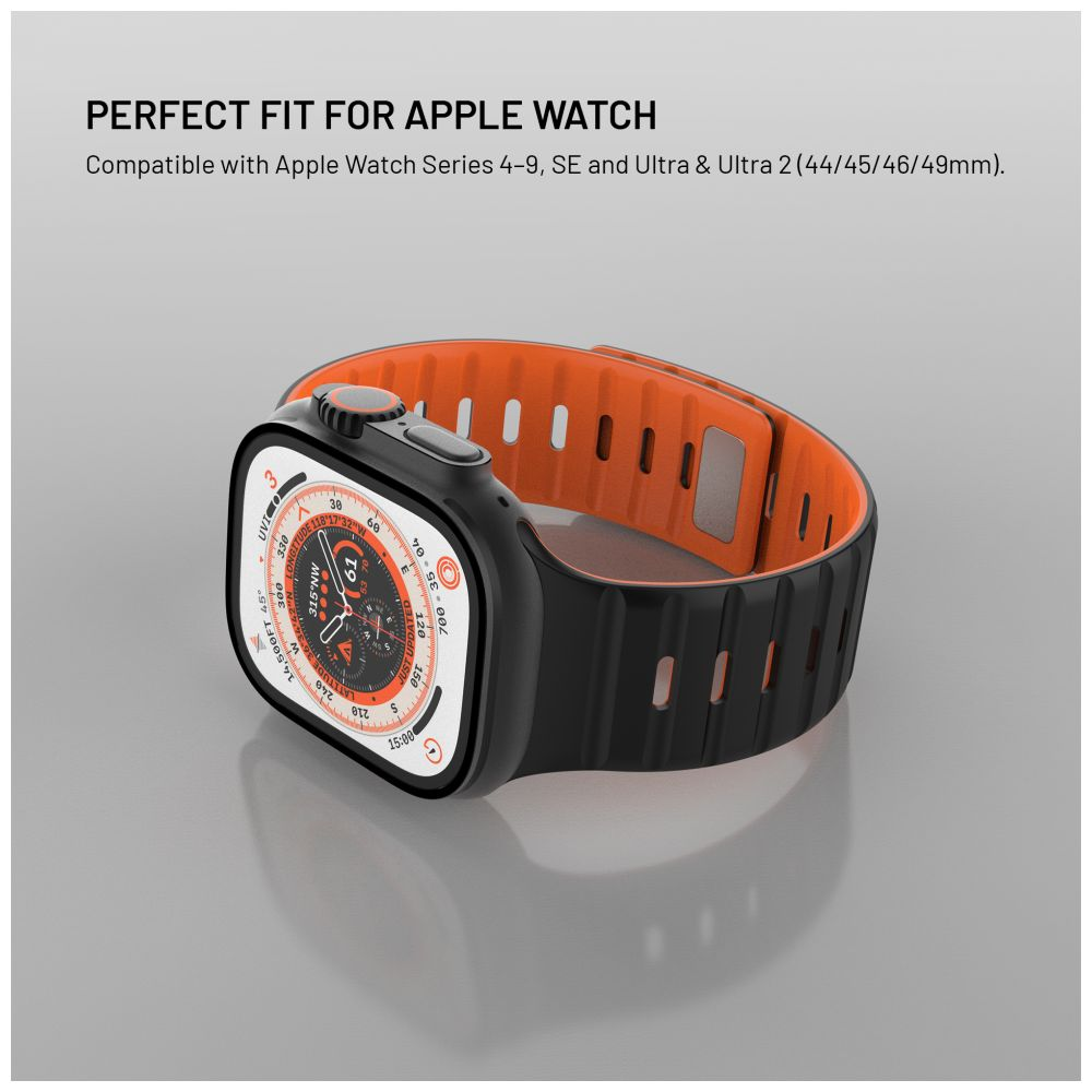 Schwarze Apple Watch mit orangefarbenem Armband. Zifferblatt zeigt Zeit und Kompass. Text oben: PERFEKTE PASSFORM FÜR APPLE WATCH.