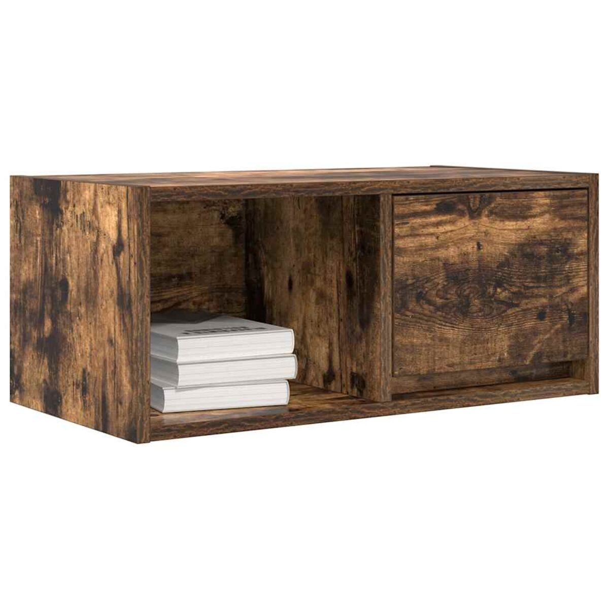 Holzschrank mit drei Büchern in einem offenen Fach und einer geschlossenen Schublade.
