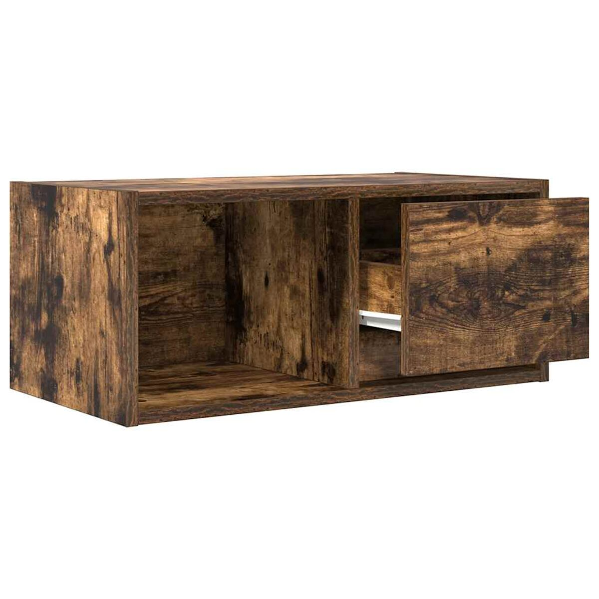 Holzschrank mit zwei Fächern, eines offen, eines mit offener Tür. Das Holz hat ein dunkelbraunes, abgenutztes Aussehen.