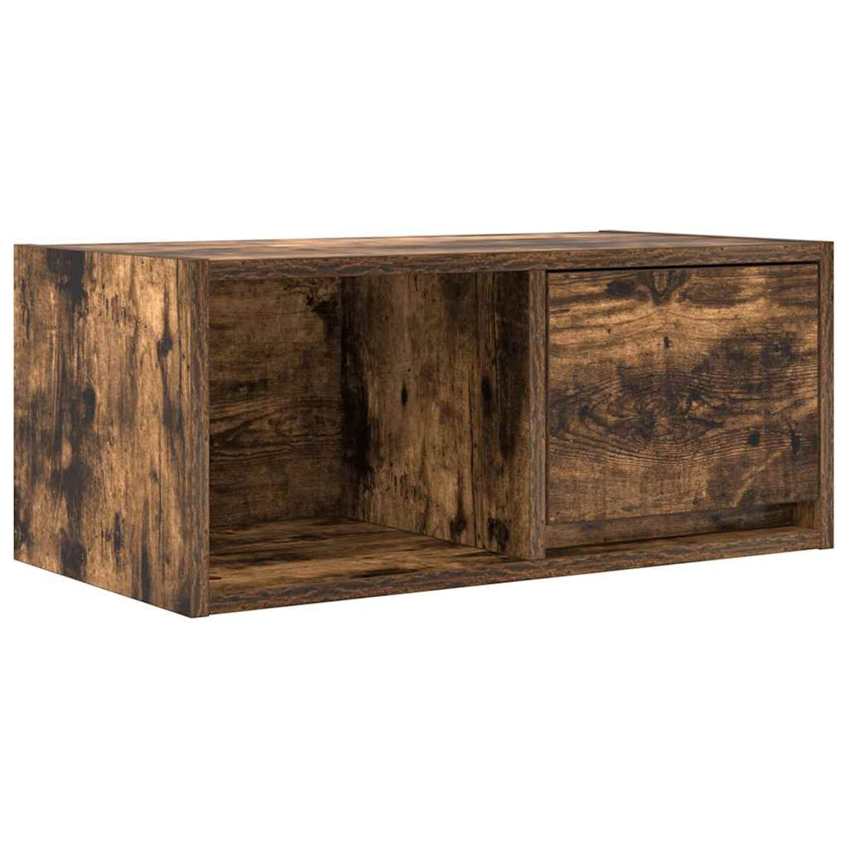 Ein Holzschrank mit zwei Fächern. Eines offen, eines mit Tür. Das Holz hat eine braune, strukturierte Oberfläche.