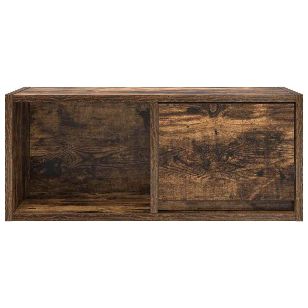 Ein dunkelbraunes Holzaufbewahrungselement mit zwei Fächern. Eines ist offen, das andere hat eine geschlossene Tür. Die Holzmaserung ist sichtbar.