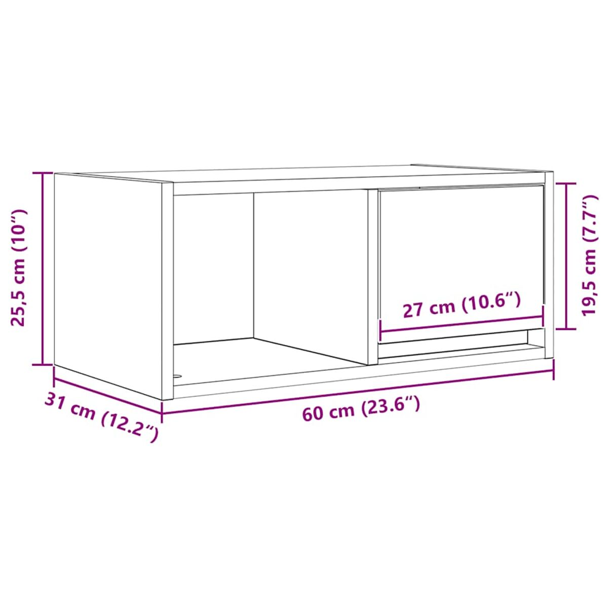 Weißer rechteckiger Schrank mit den angegebenen Abmessungen: 60 cm x 31 cm x 25,5 cm. Eine Schiebetür ist mit den Maßen 27 cm x 19,5 cm sichtbar.