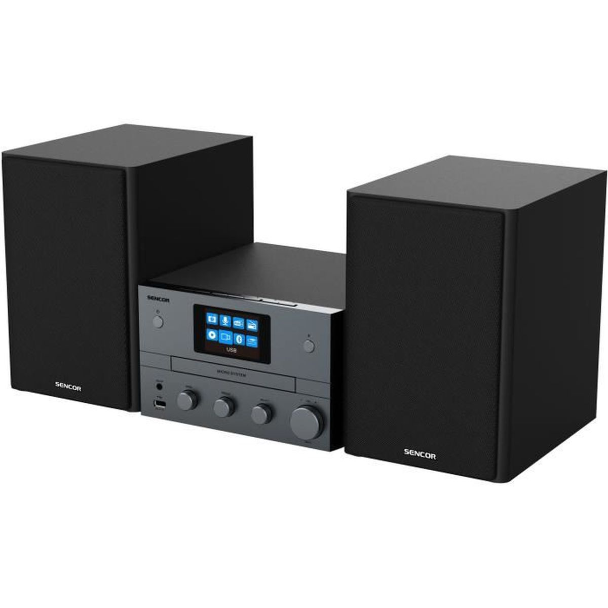 Un impianto stereo Sencor nero con due altoparlanti ai lati. L'unità centrale mostra uno schermo e manopole.
