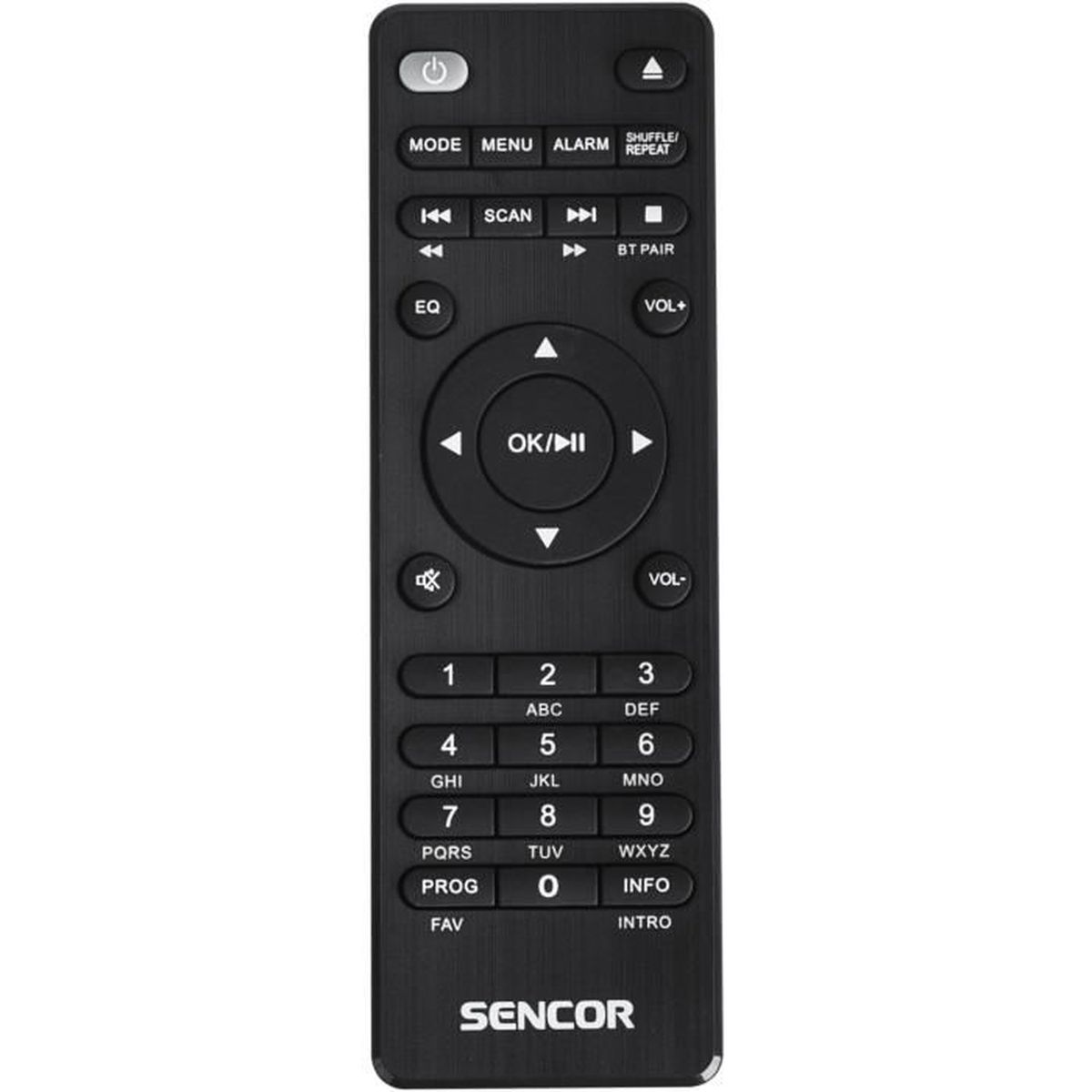 Un telecomando Sencor nero con molti pulsanti. Ha pulsanti per modalità, menu, allarme, volume e tasti numerici.