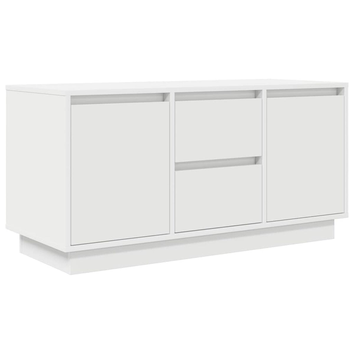 Ein weißer, moderner Schrank. Er hat zwei Türen und zwei Schubladen. Der Schrank steht auf einem weißen Sockel. Er steht vor einem weißen Hintergrund.