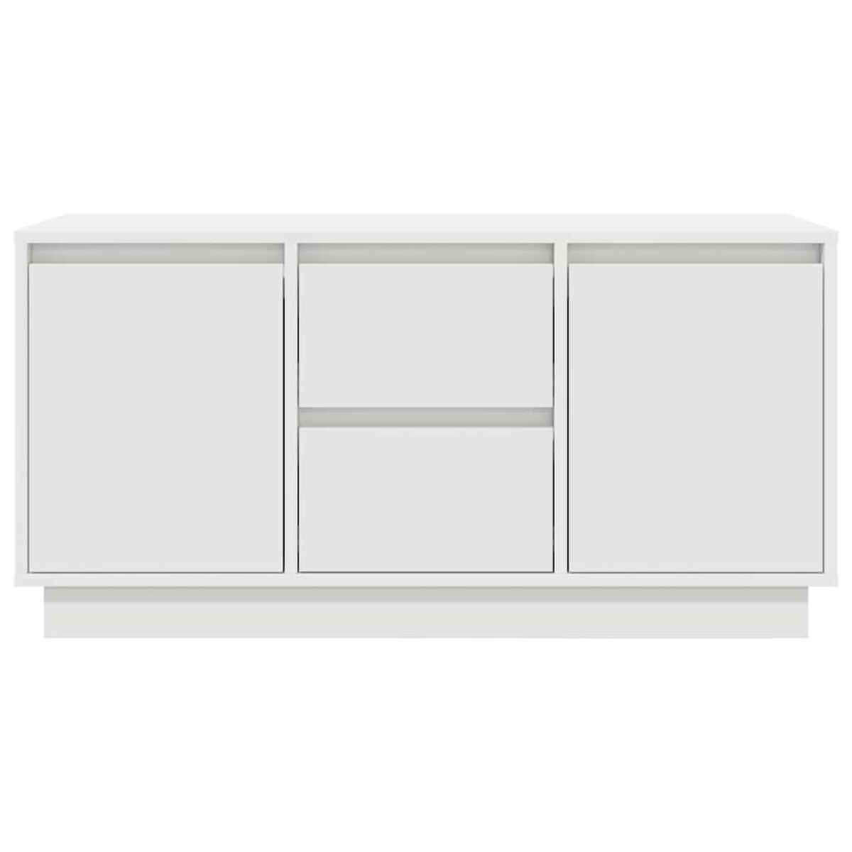 Ein weißer Schrank mit zwei Türen und zwei Schubladen. Der Schrank steht auf einem weißen Sockel und hat ein klares, modernes Design.