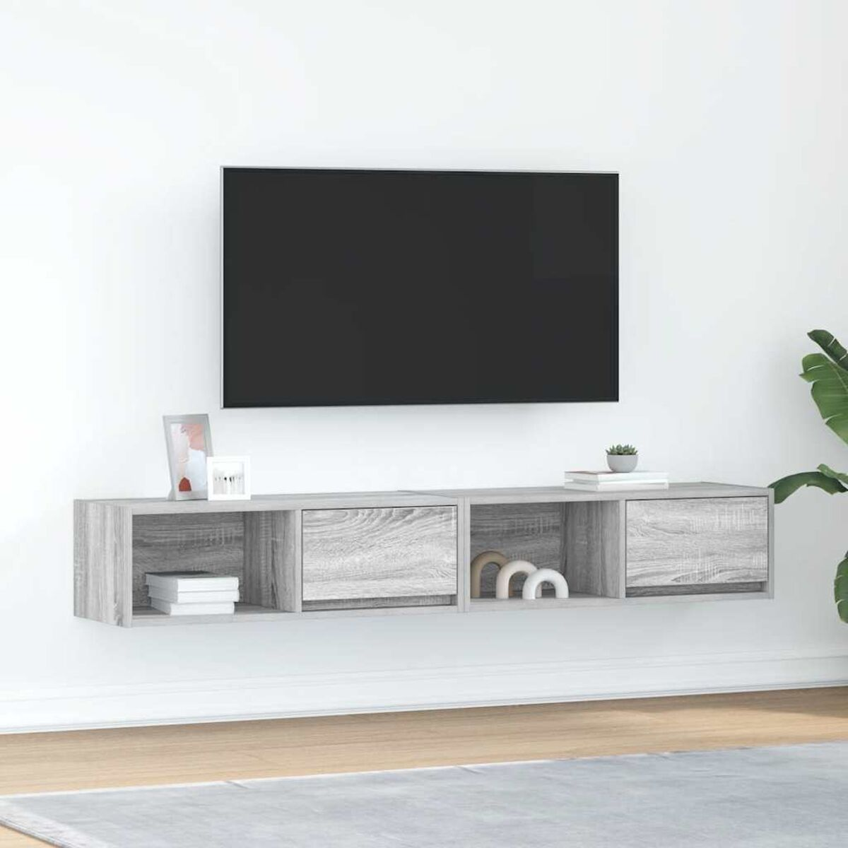 Ein Fernseher ist über einem grauen, schwebenden Schrank mit Dekoration montiert. Rechts ist eine Pflanze. Der Boden ist Holz mit einem Teppich.