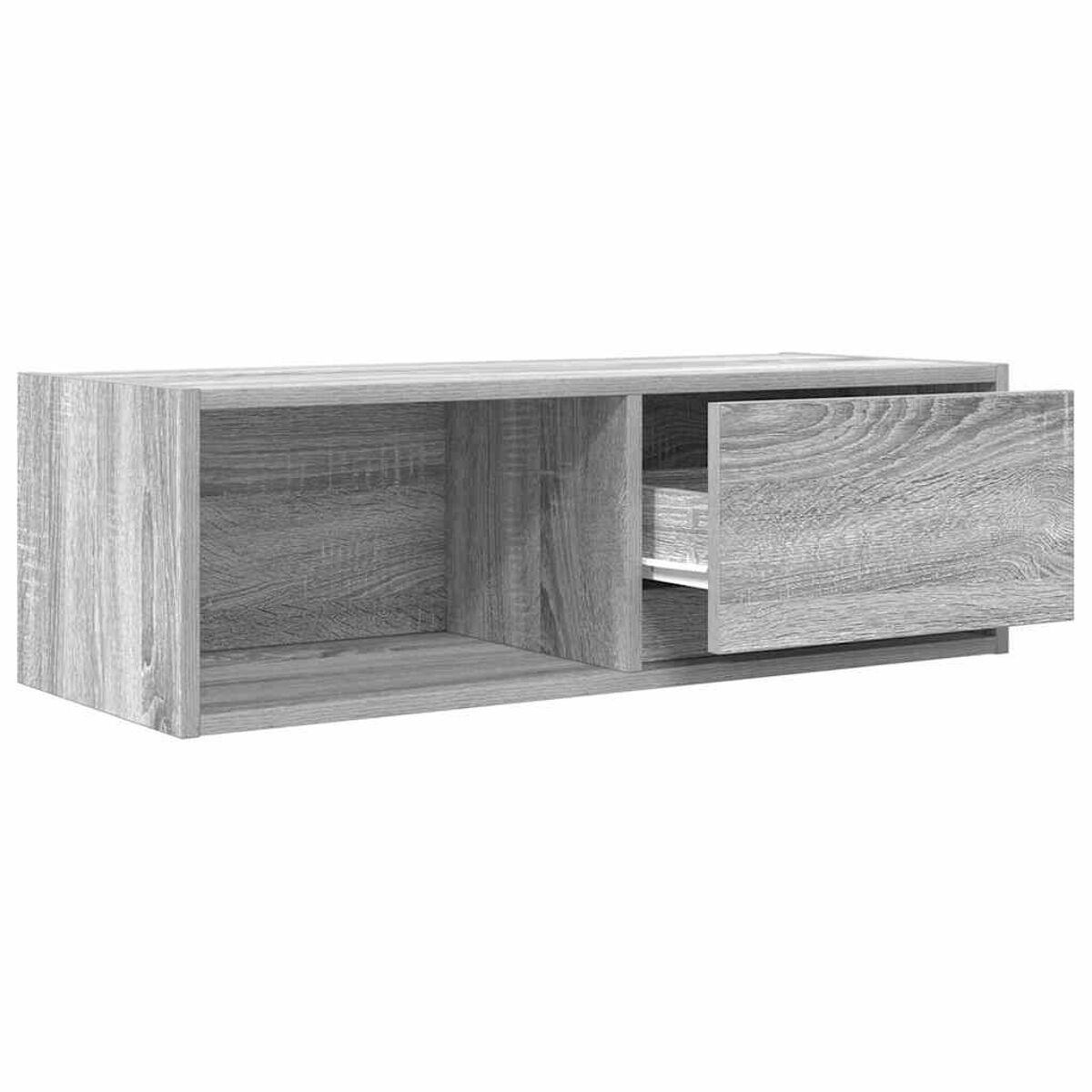 Ein grauer, an der Wand befestigter Holzschrank mit einer offenen Schublade. Der Schrank hat zwei Fächer und eine sichtbare Holzmaserung.
