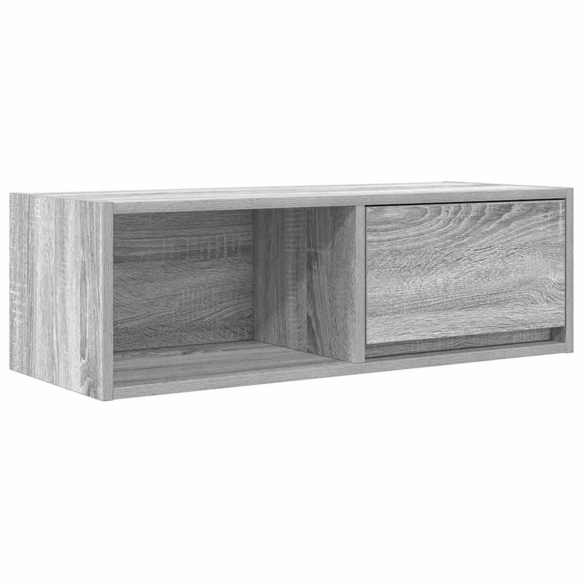 Ein grauer, an der Wand montierter Holzschrank. Er hat ein offenes Regal links und einen geschlossenen Bereich mit Tür rechts.