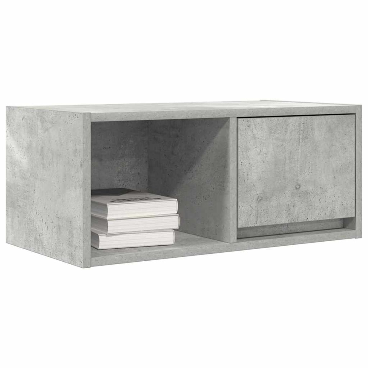 Ein grauer Beton-Schrank mit offenem Regal, das drei Bücher enthält, und einer geschlossenen Tür rechts.