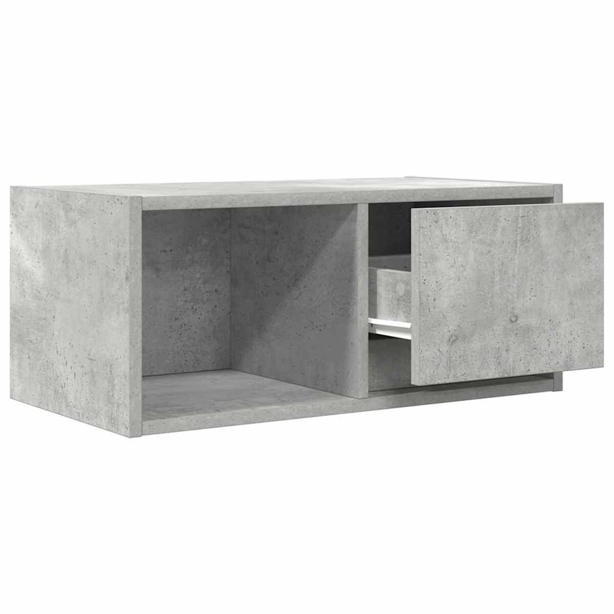 Ein grauer Couchtisch aus Beton mit offenem Stauraum und einer einzelnen Tür. Die Tür ist teilweise geöffnet und gibt ein Innenregal frei.