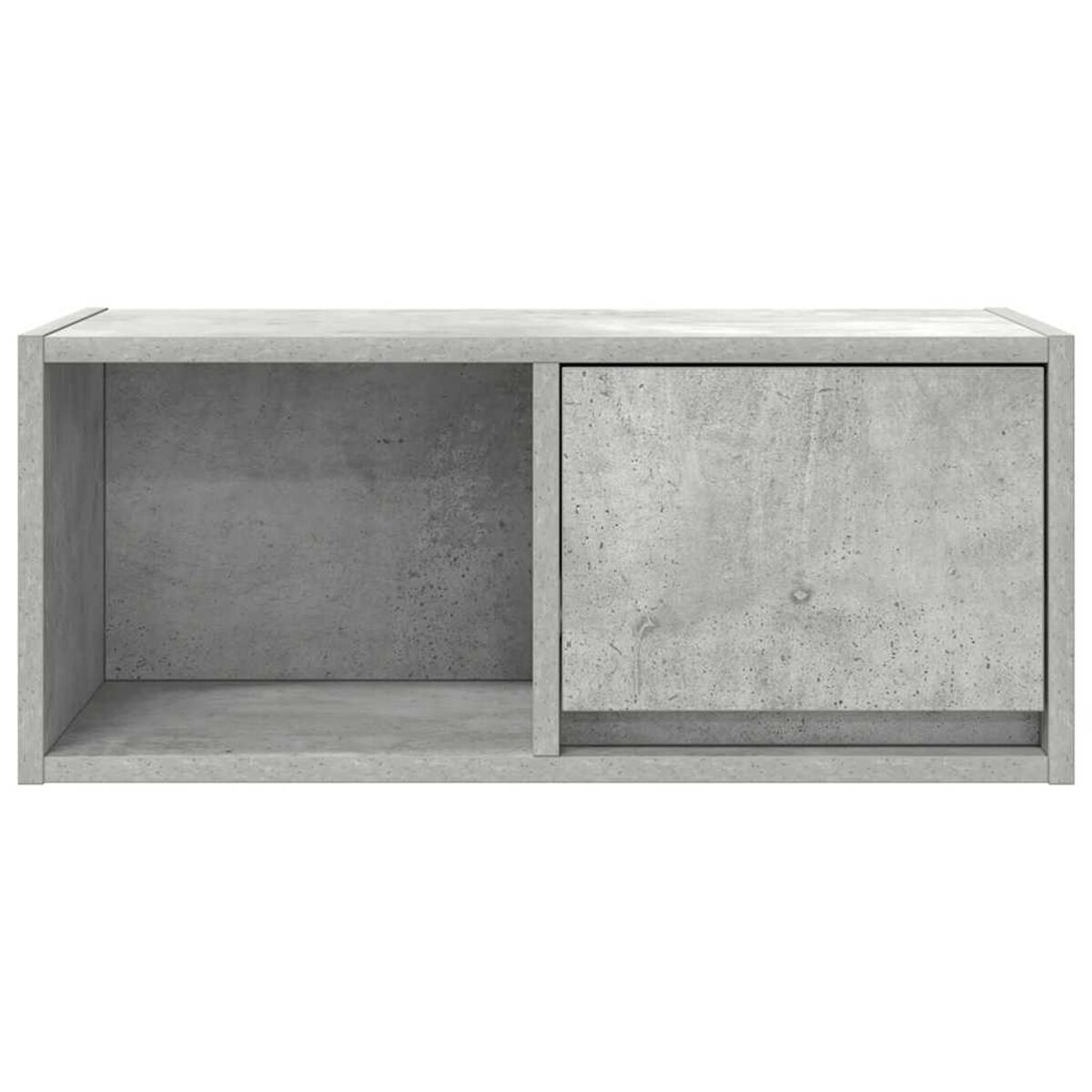 Ein graues Betonregal mit offenem Fach und geschlossener Tür. Tür und Regal bestehen aus strukturiertem Beton.