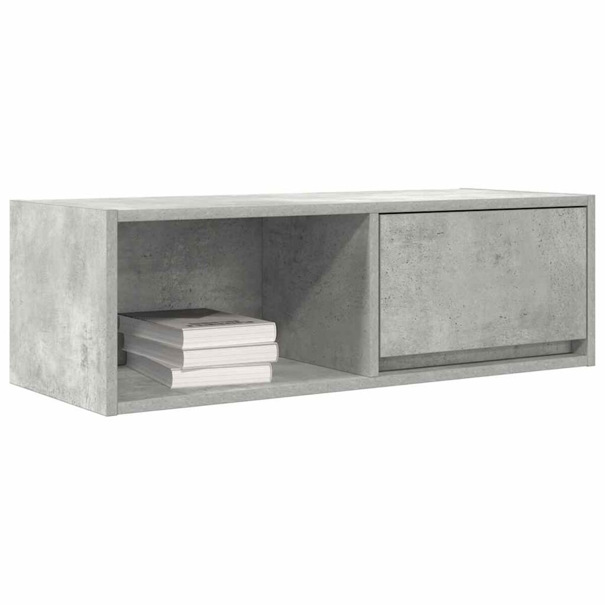 Graues Regal im Betonstil. Es hat einen offenen Bereich mit Büchern und eine geschlossene Tür. Der Hintergrund ist weiß.