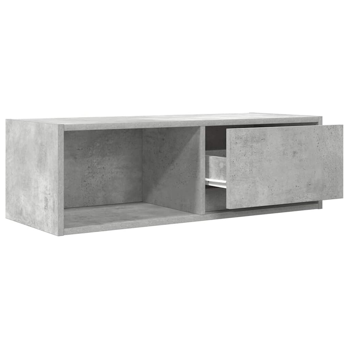 Ein grauer Schrank im Betonstil. Eine Schublade ist geöffnet und gibt ein kleines Fach frei. Der Schrank hat ein modernes, minimalistisches Design.