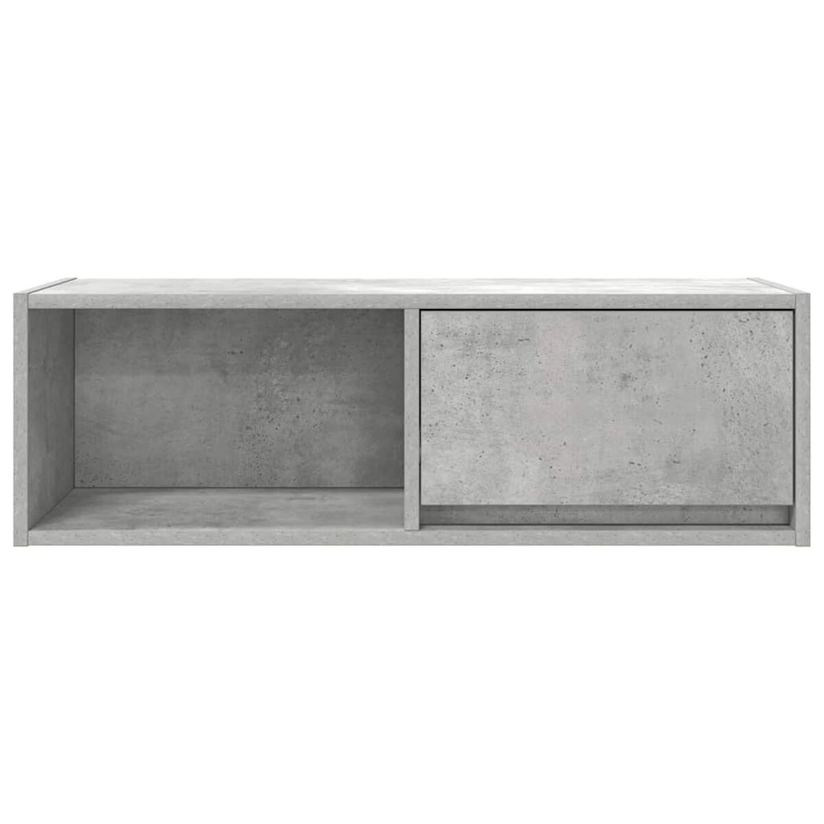 Ein rechteckiger, grauer Beton-Schrank mit offenem Fach und geschlossener Schublade. Weißer Hintergrund.