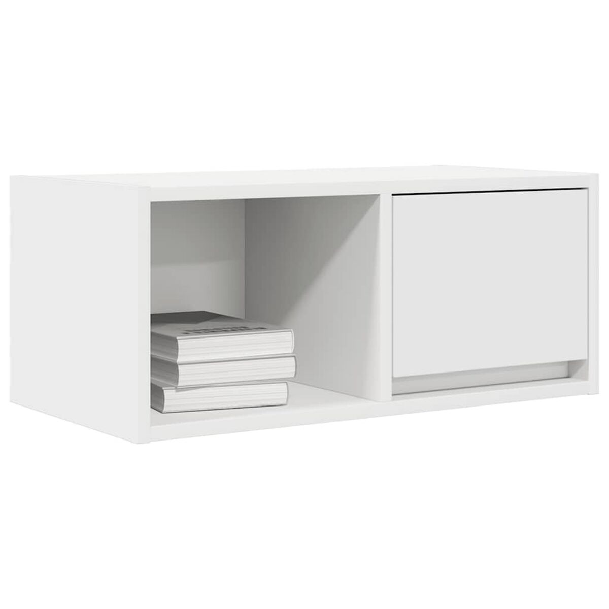 Ein weißer, an der Wand befestigter Schrank. Die linke Seite hat ein Regal mit Büchern, die rechte eine geschlossene Schublade.