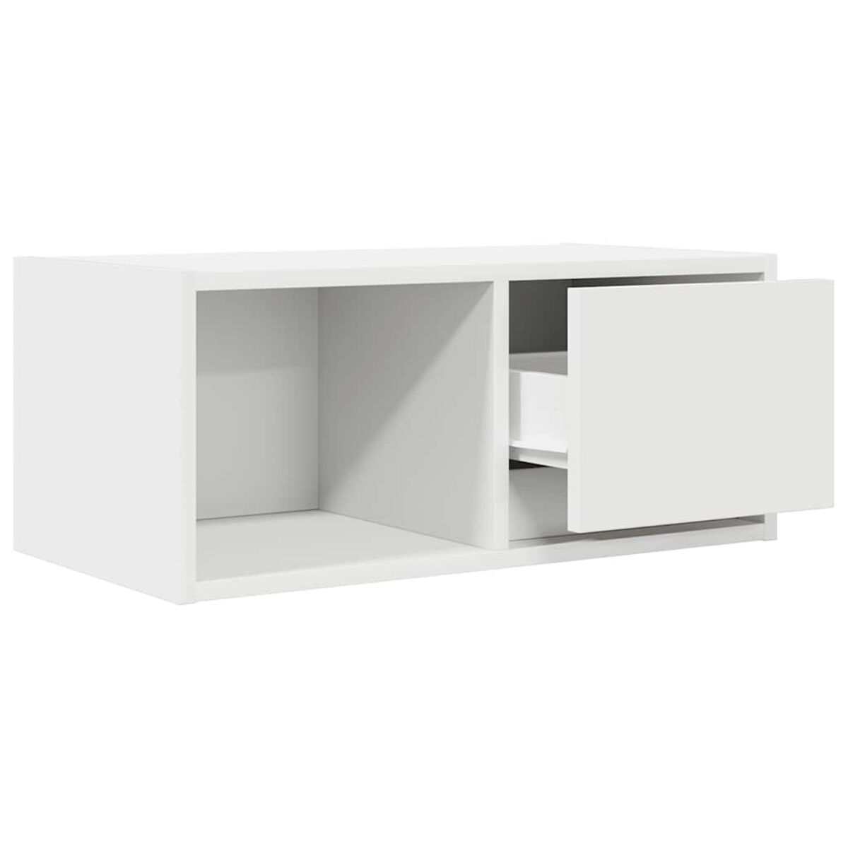 Ein weißer, an der Wand befestigter Schrank. Er hat ein offenes Fach und eine Schublade, die teilweise geöffnet ist. Der Hintergrund ist weiß.