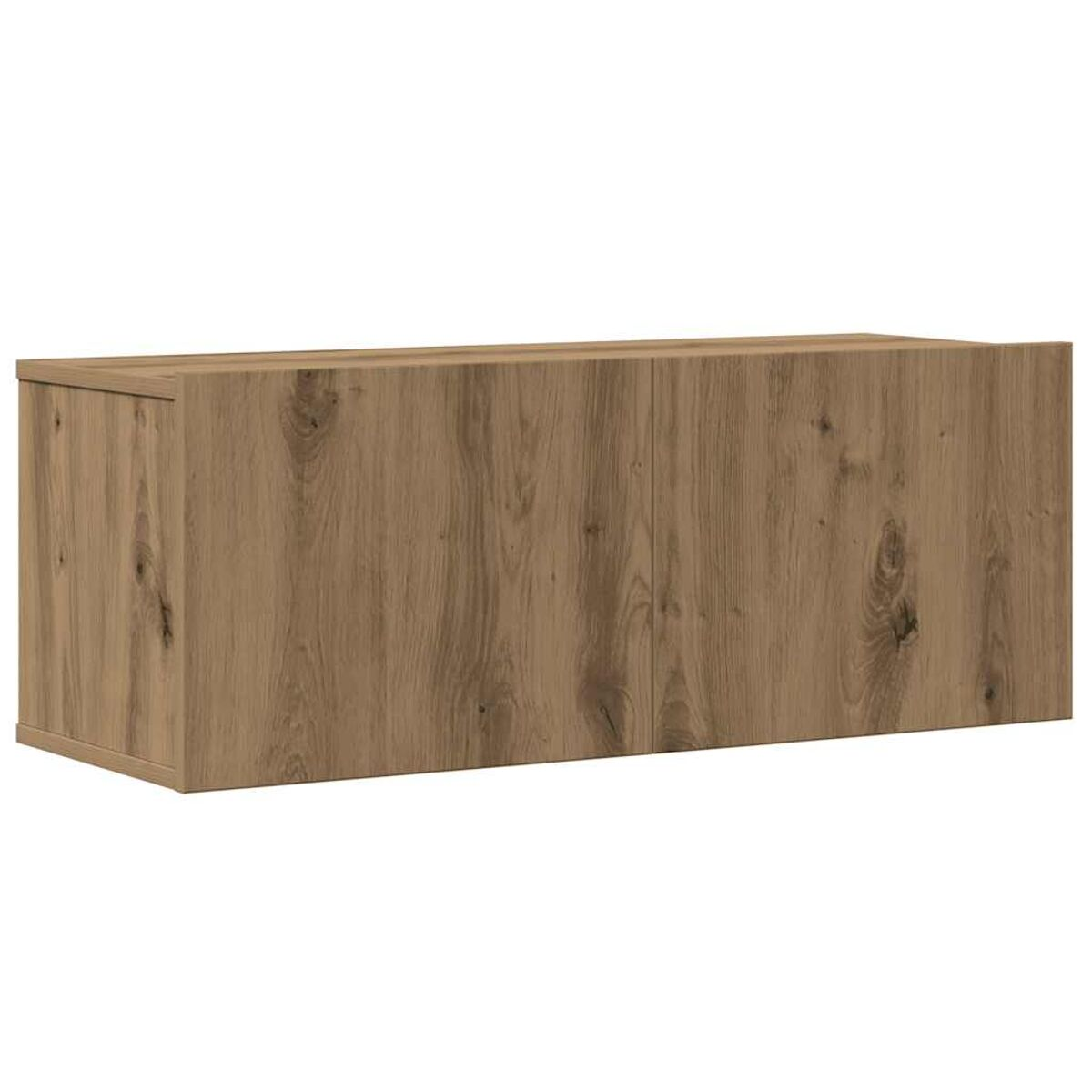 Ein Holzschrank mit hellbraunem Finish. Der Schrank hat zwei Türen und die Holzmaserung ist sichtbar.