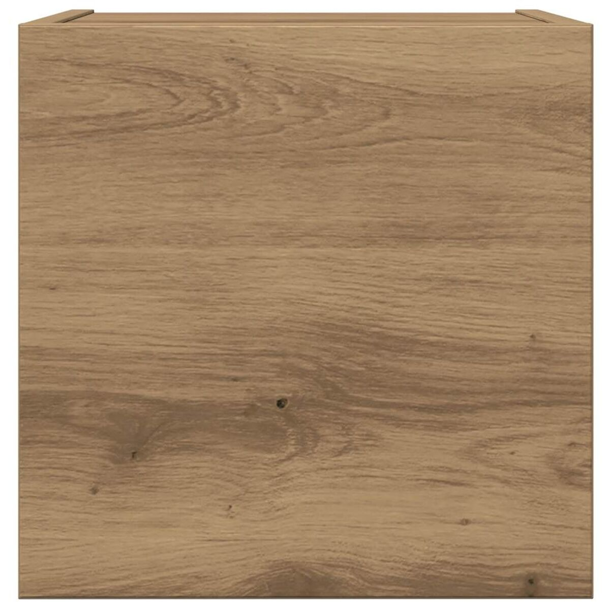 Nahaufnahme eines Holzschranks. Die Holzmaserung ist sichtbar, mit einer mittelbraunen Farbe und einigen Knoten und Unvollkommenheiten.