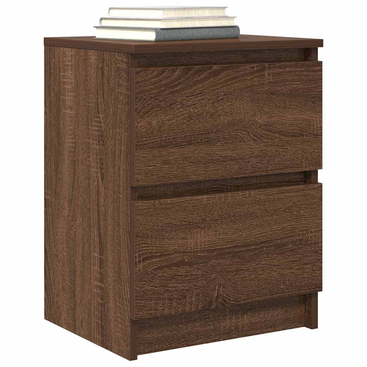 Ein Nachttisch aus Holz mit zwei Schubladen und einer Oberseite. Bücher sind oben gestapelt. Das Holz hat eine braune, gemusterte Textur.