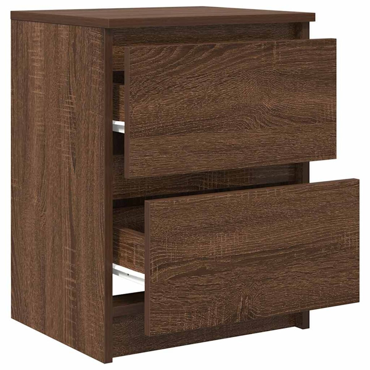 Ein brauner Nachttisch aus Holz mit zwei offenen Schubladen. Die Schubladen haben sichtbare weiße Metallstützen. Die Holzmaserung ist deutlich sichtbar.