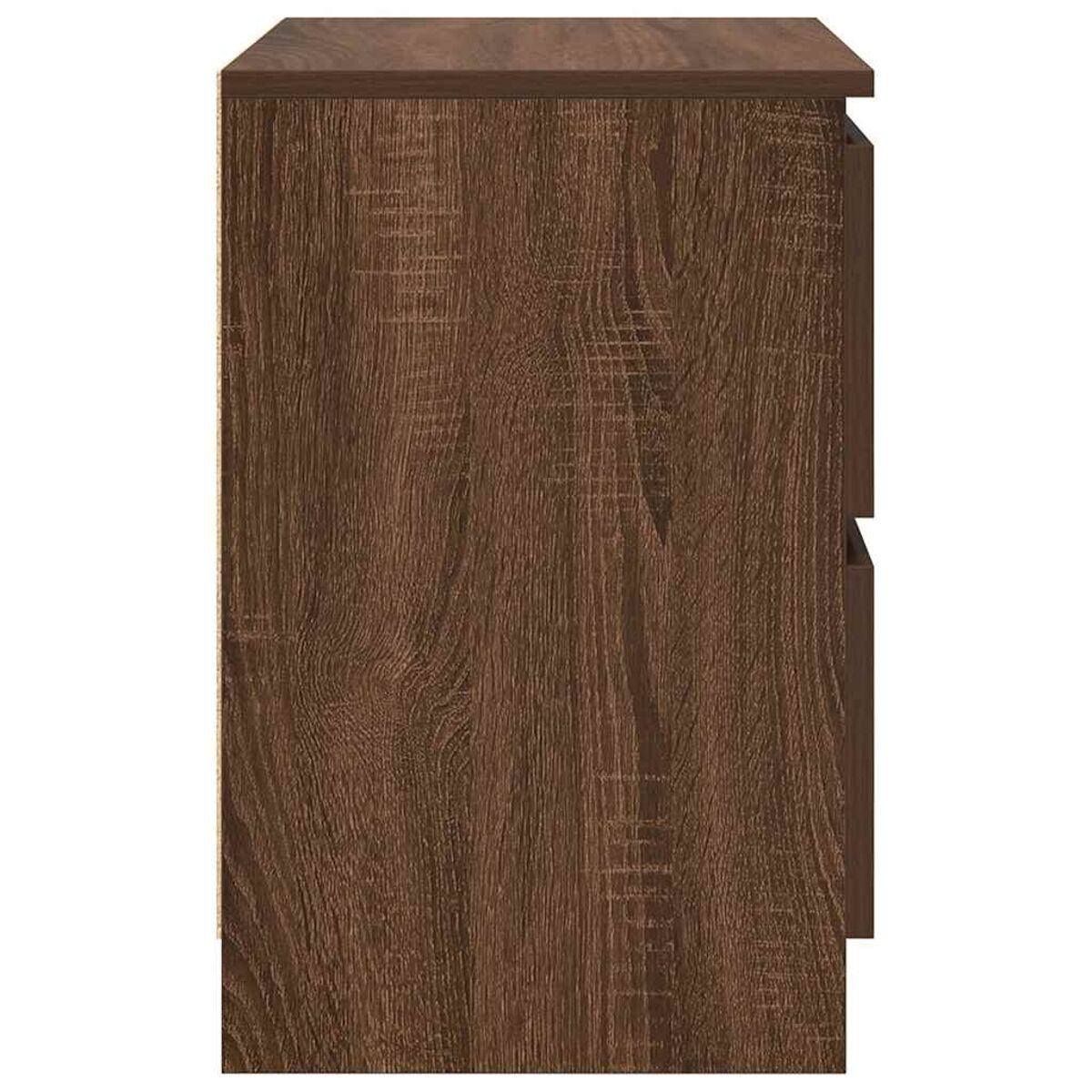 Seitenansicht eines Holzschranks mit sichtbarer Maserung. Er hat zwei Schubladen und eine dunkelbraune Oberfläche.