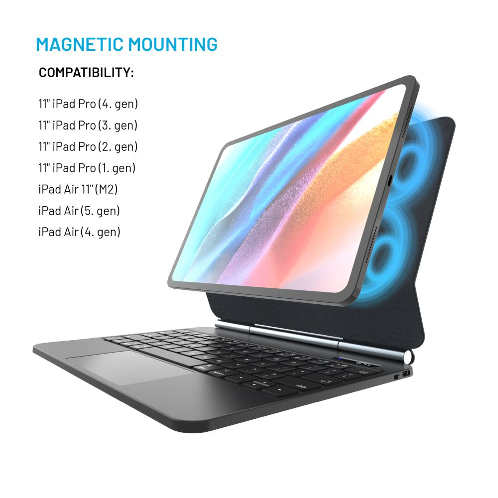 Ein iPad Pro ist magnetisch an einer Tastatur befestigt. Text beschreibt die Kompatibilität mit verschiedenen iPad-Modellen.